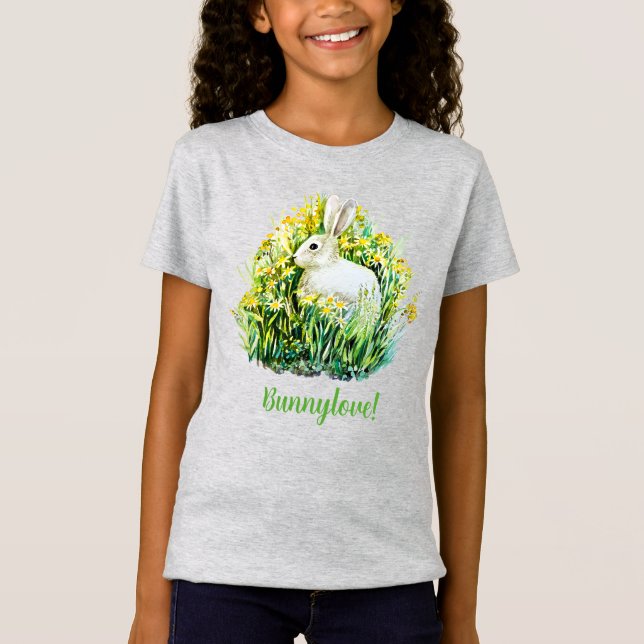 Pequeno coelho branco e flores T-Shirt (Frente)