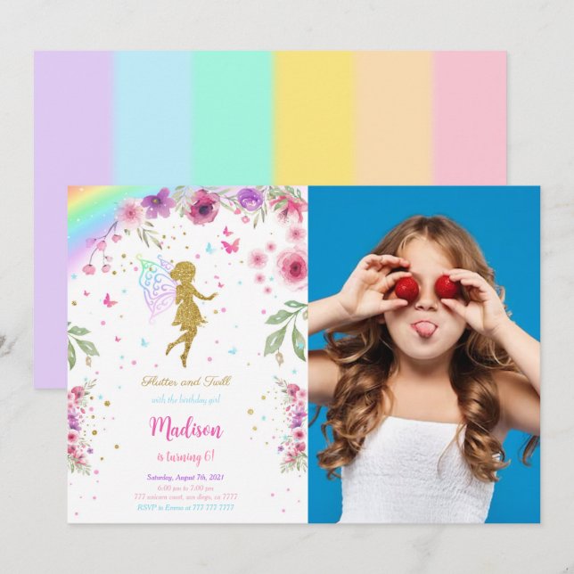 Pequeno Convite de aniversário De Fada Com Foto (Frente/Verso)