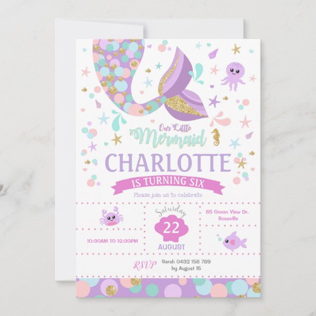 Pequeno Convite De Aniversário De Sereia Sob O Mar (Frente)