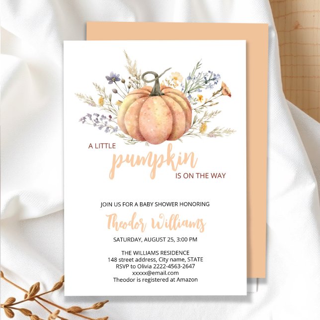 Pequeno Convite para Chá de fraldas de Abóbora | T (Little Pumpkin Baby Shower Invitation – Fall Autumn Gender Neutral Invite)