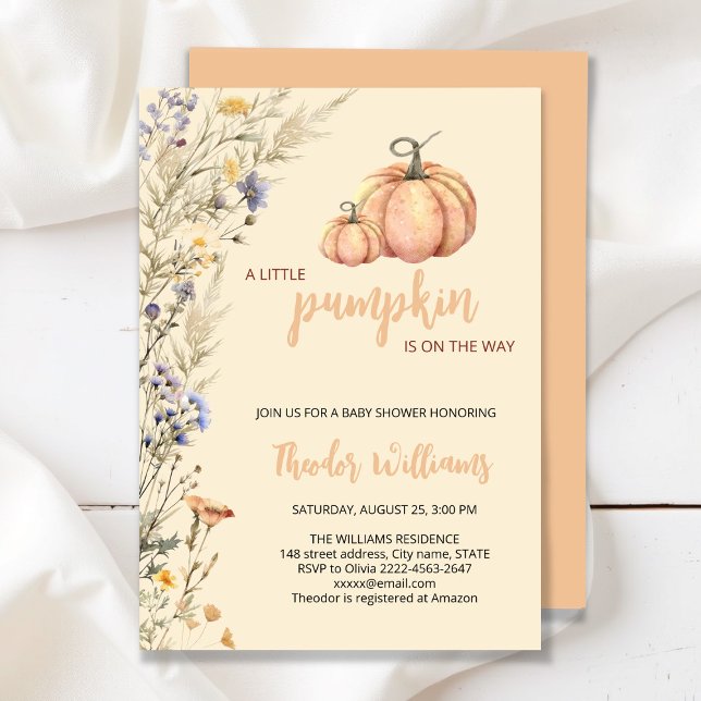Pequeno Convite para Chá de fraldas de Abóbora | T (Little Pumpkin Baby Shower Invitation – Fall Autumn Gender Neutral Invite)