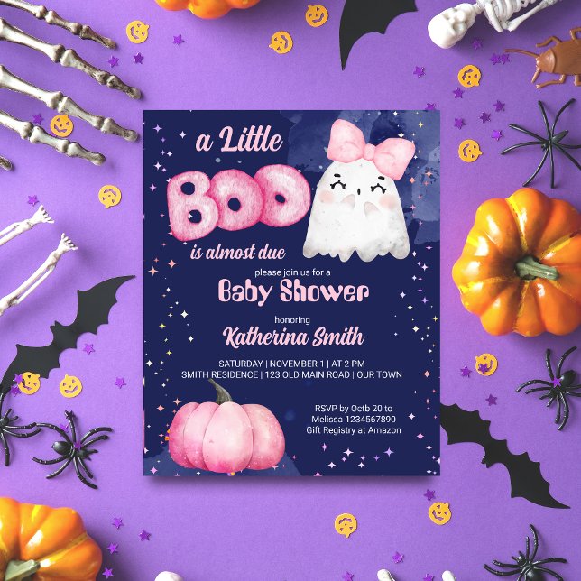 Pequeno convite para chá de fraldas de garota rosa (Little boo Halloween  pink cute girl ghost baby shower template invitation navy blue starry night)