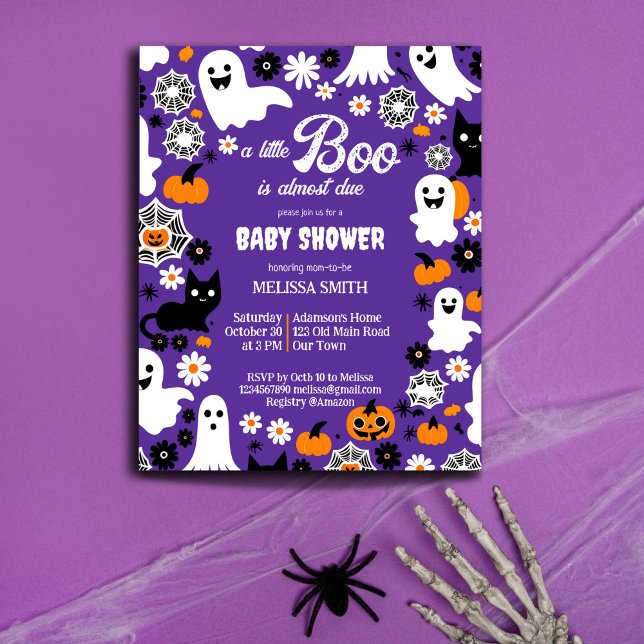 Pequeno convite para modelo de chá de fraldas de H (Halloween baby shower budget invitation cute ghosts groovy retro daisies pumpkins purple for a girl)