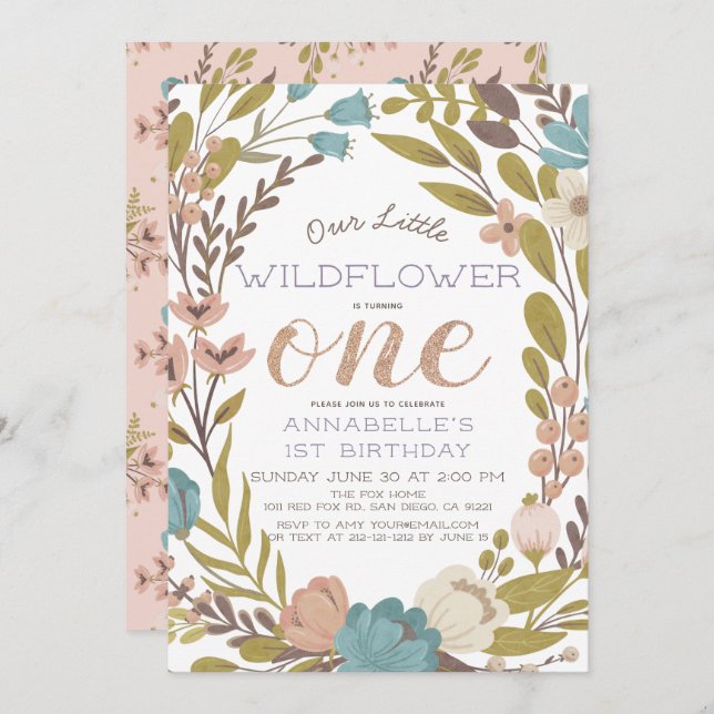 Pequeno Convite para primeiro aniversario de Flor  (Frente/Verso)