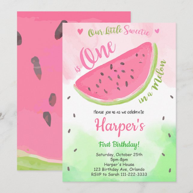 Pequeno Docinho Um em um Convite Melão de Melancia (Frente/Verso)