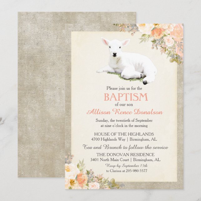 Pequeno Lamb Baptism Convite Floral (Frente/Verso)