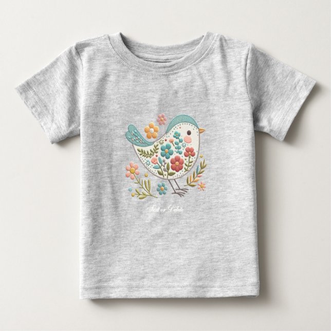 Pequeno Pássaro Azul Flores Rosa Bebê T-Shirt (Frente)