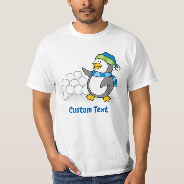 Pequeno pinguim com bolas de neve acenando t-shirt (Frente)