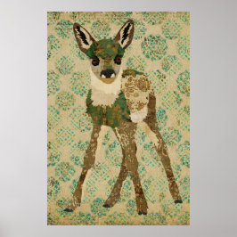 Pequeno Teal Floral Fawn Art Poster