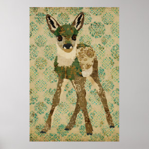 Pequeno Teal Floral Fawn Art Poster