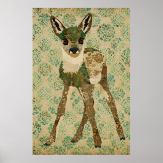 Pequeno Teal Floral Fawn Art Poster