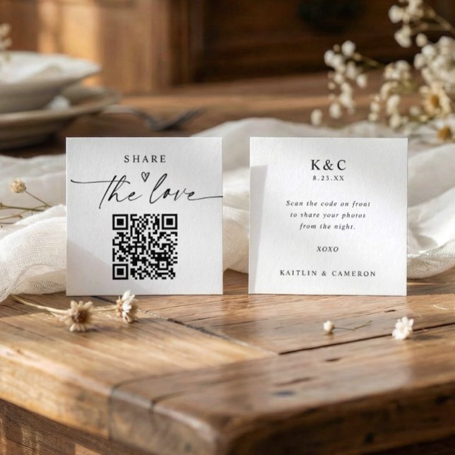 Pequenos cartões modernos 'Compartilhe o Amor' com (Small photo sharing qr code cards for wedding receptions - front and back sides.)