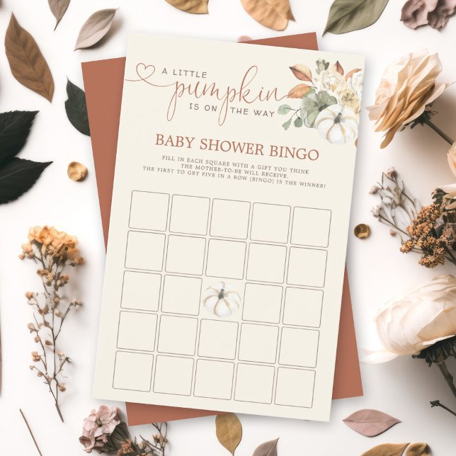 Pequenos Jogos Russos de Chá Floral de Bingo (A soon-to-be mom will love this watercolor autumn pumpkin floral design bingo baby shower card.)