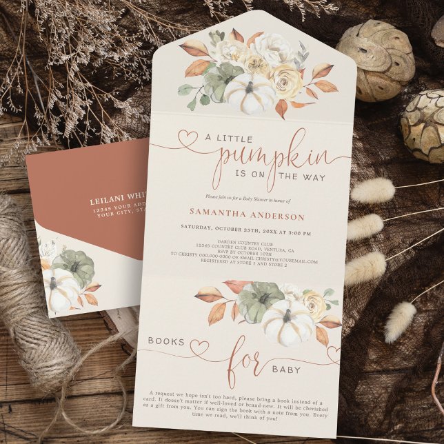 Pequenos Livros de outono de Abóbora para Bebê (All in one invite featuring a charming design that includes pumpkins and a books for baby included.)
