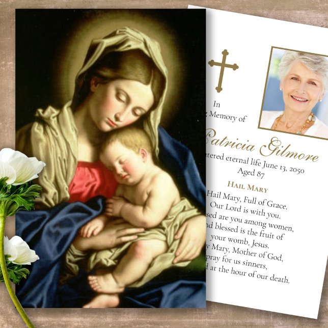 Perda Funeral Madonna e Cartões de condolências de (catholic, religious, celebration of life, in loving memory of, prayer cards for bereavement)