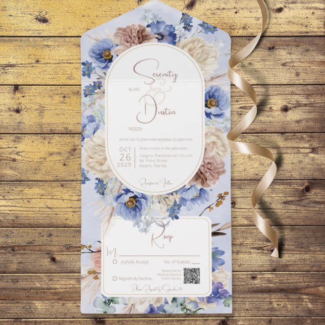 Peri Blue Boho Flowers & Grass Código QR (Also available without a QR code; with or without dinner selection options.)