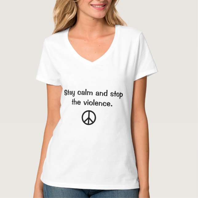 Permaneça a calma/parada o t-shirt das mulheres (Frente)