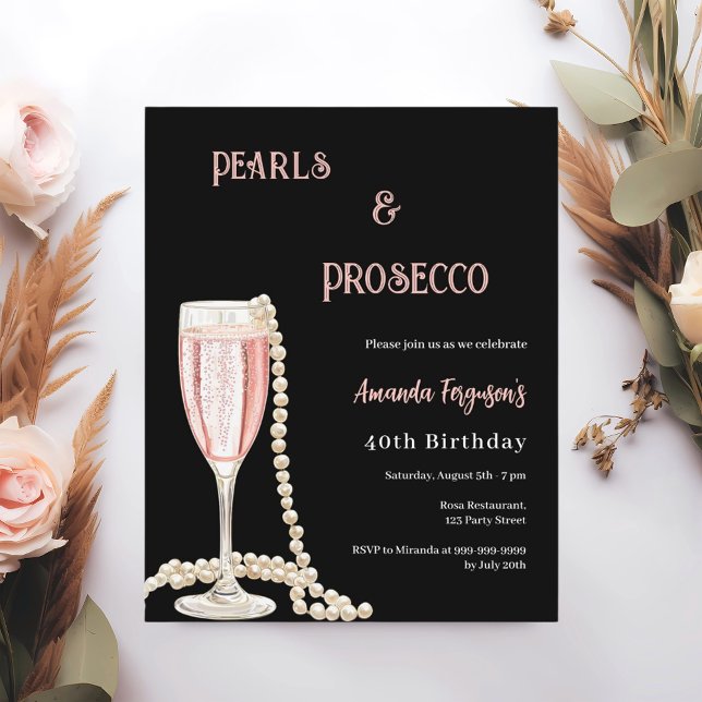 Pérola Prosecco - Convite de aniversário preto ros (Criador carregado)