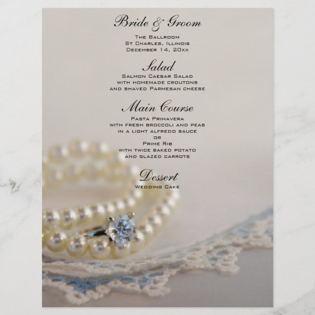 Pérolas, Anel Diamante e Menu Casamento Azul (Frente)