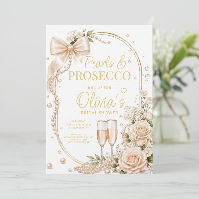Pérolas e Prosecco Convite para Chá de Noiva (Em pé/Frente)