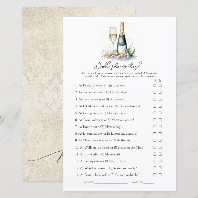 Pérolas e Prosecco: Ela Preferiria? Jogo de Noivad (Frente/Verso)
