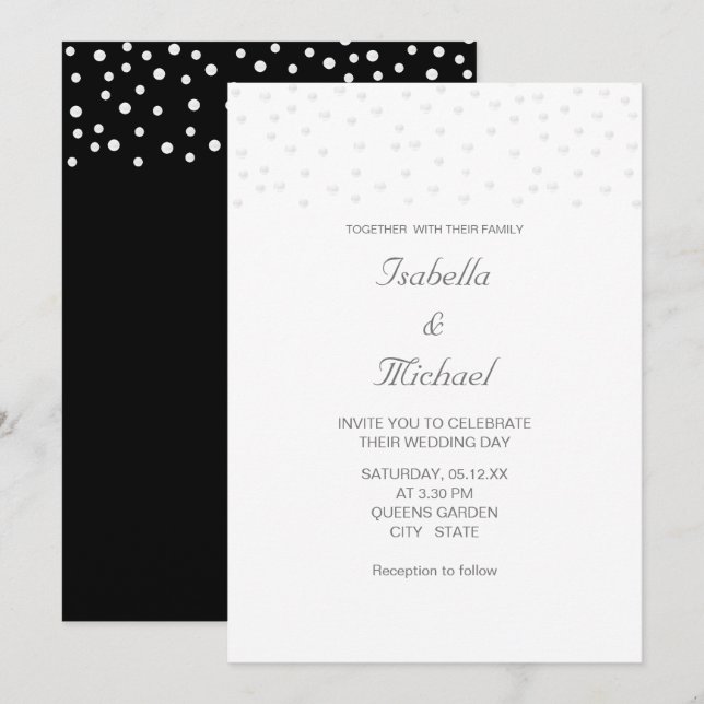 Pérolas Elegantes em Convite de Casamento Preto e  (Frente/Verso)