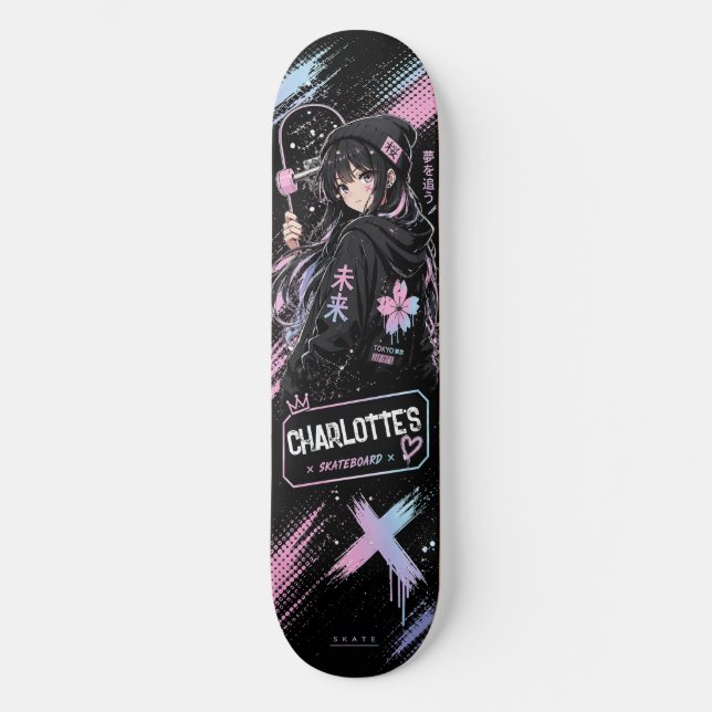 Personalised Anime Pastel and Black Skateboard  (Frente)