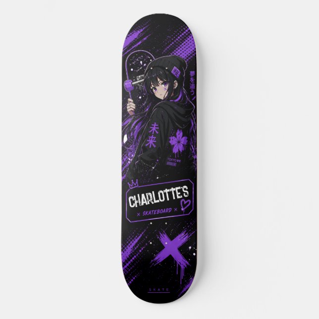 Personalised Anime Purple and Black Skateboard  (Frente)