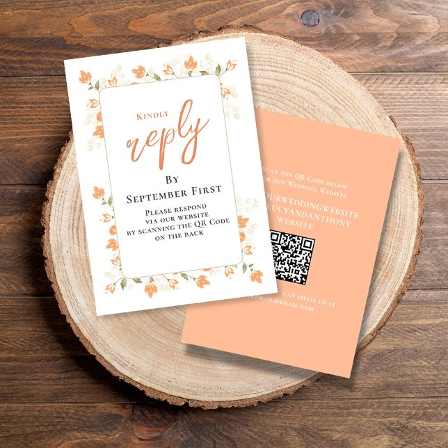 Personalização RSVP de Casamento de Pêssego Elegan (Simple Wedding reply card with a peach floral design and QR code template.)