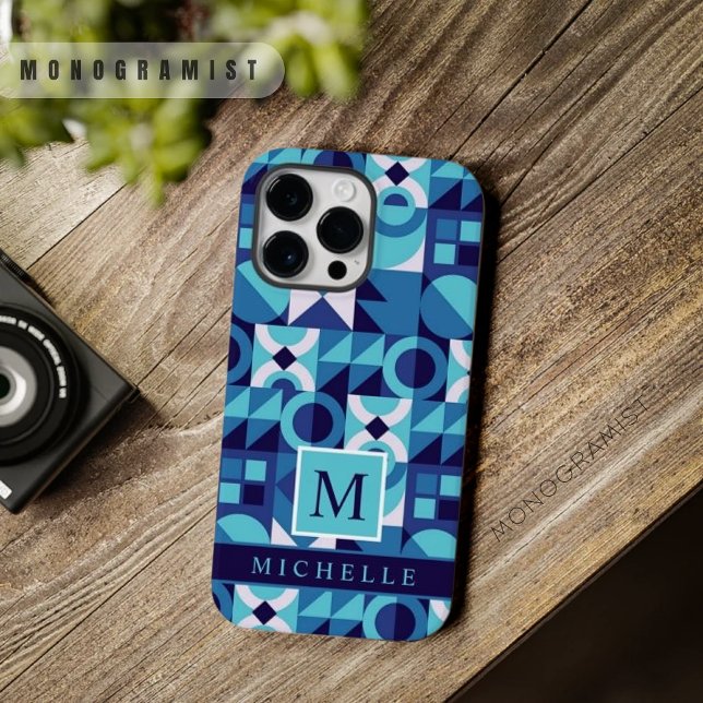 Personalizado Brilho Escuro Azul Escuro Geométrico (Custom Bright Light Dark Blue White Geometric Case-Mate iPhone Case)