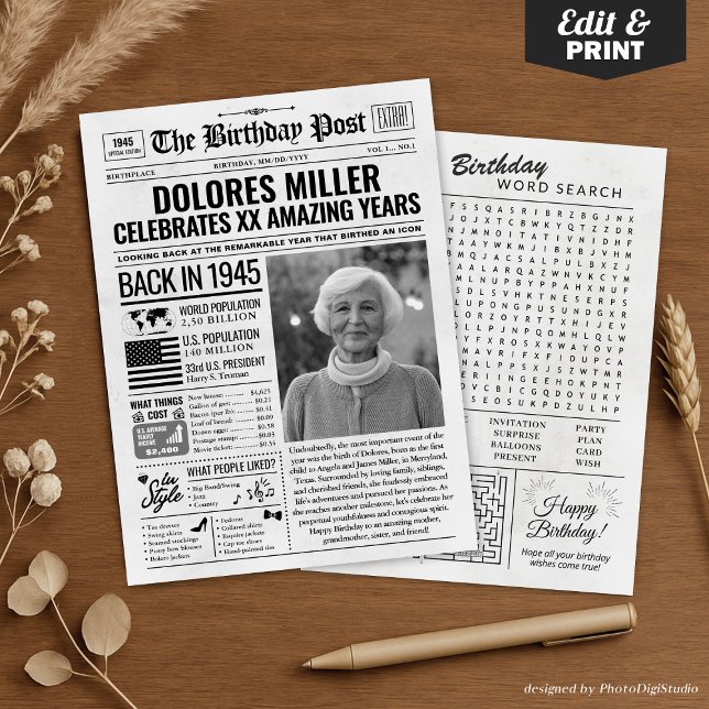 Personalizado de volta em cartão de aniversário de (Custom Back in 1945 Newspaper Birthday Card, Trend Holiday Card)