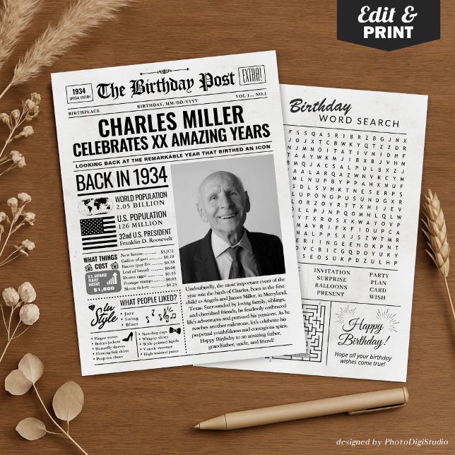 Personalizado de volta em cartão de aniversário de (Custom Back in 1934 Newspaper Birthday Card, Trend Holiday Card)