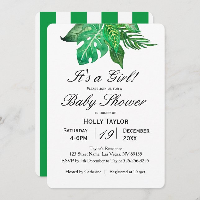 Personalize o convite tropical do chá de fraldas (Frente/Verso)