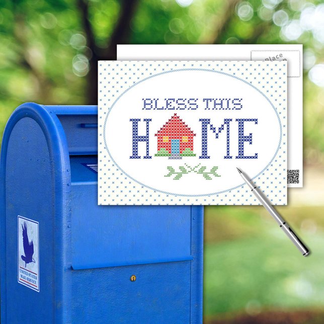 Personalize Seu Cartão Postal (Share a bit of home with our "Bless This Home" postcard, featuring an original cross-stitch design. )