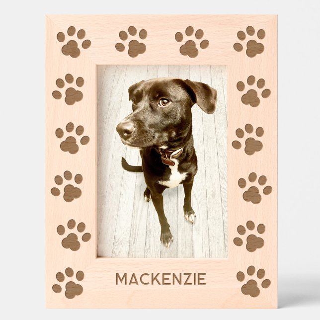 Personalized Dog Name Paw Prints (Cute personalized pet dog name paw prints etched wooden photo frame)