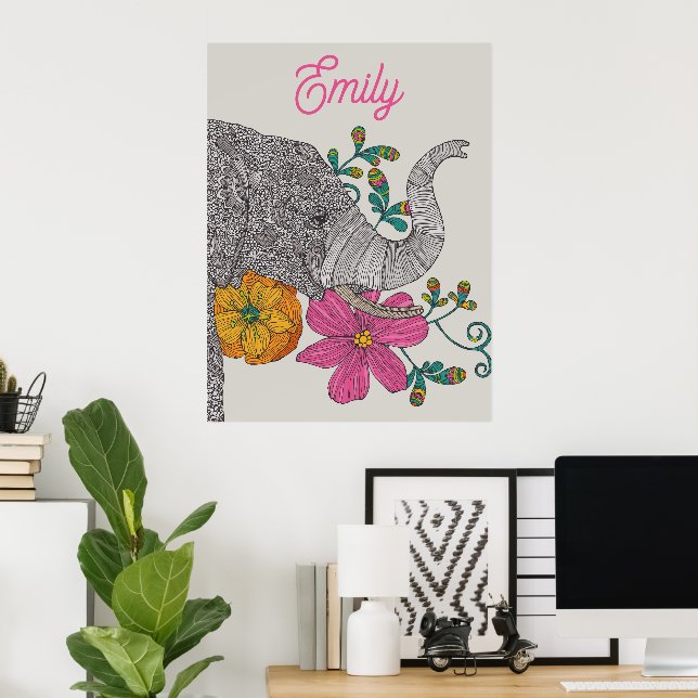 Personalized Elephant Name Kids Room Poster (Escritório em casa)