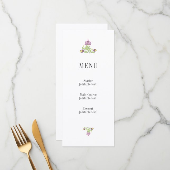 Personalized Folk Floral Wedding Menu Card (Frente/Verso In Situ)
