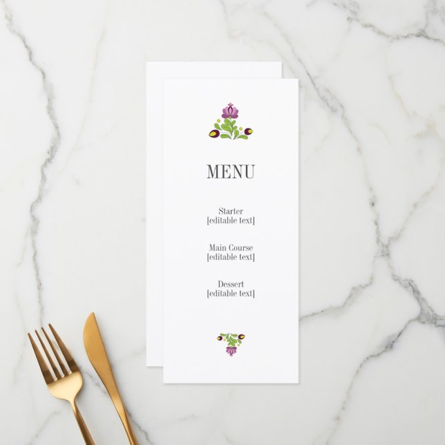 Personalized Folk Floral Wedding Menu Card (Frente/Verso In Situ)