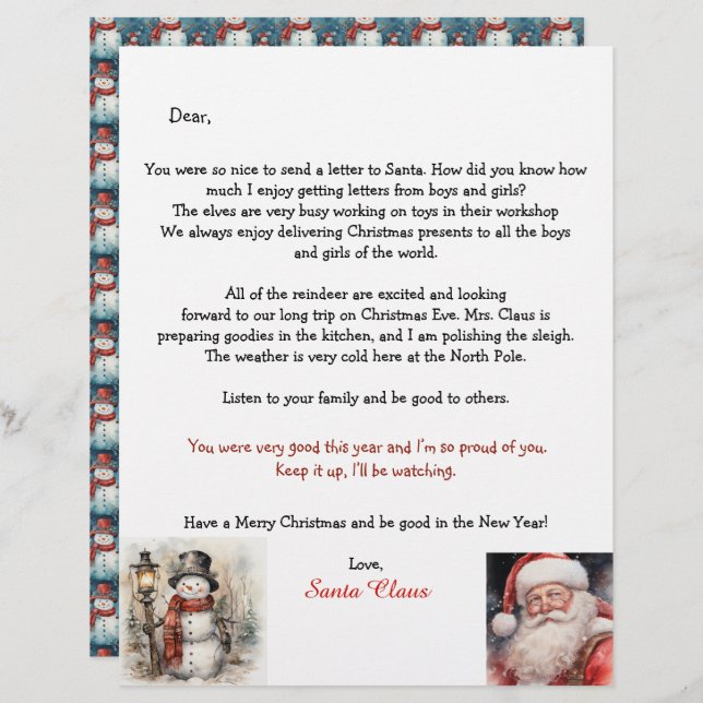 Personalized Letter From Santa Snowman (Frente/Verso)