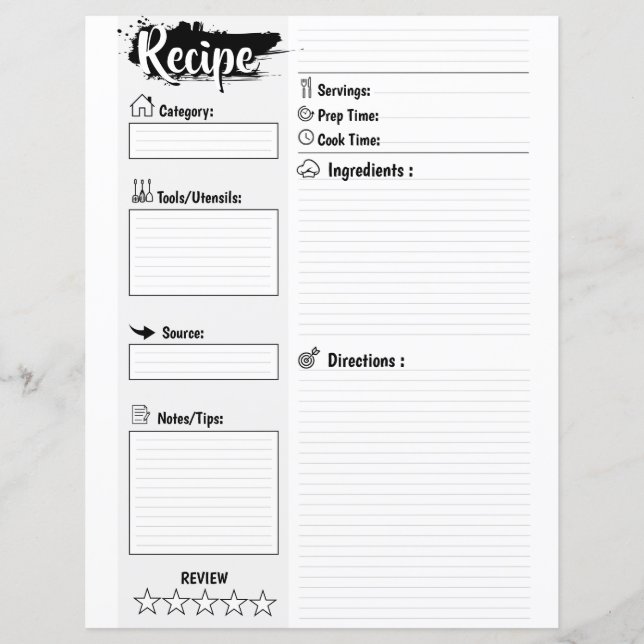 Personalized Minimal Basic Blank Recipe Page Sheet (Frente)