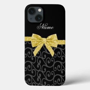 Personalized name black swirls gold glitter bow