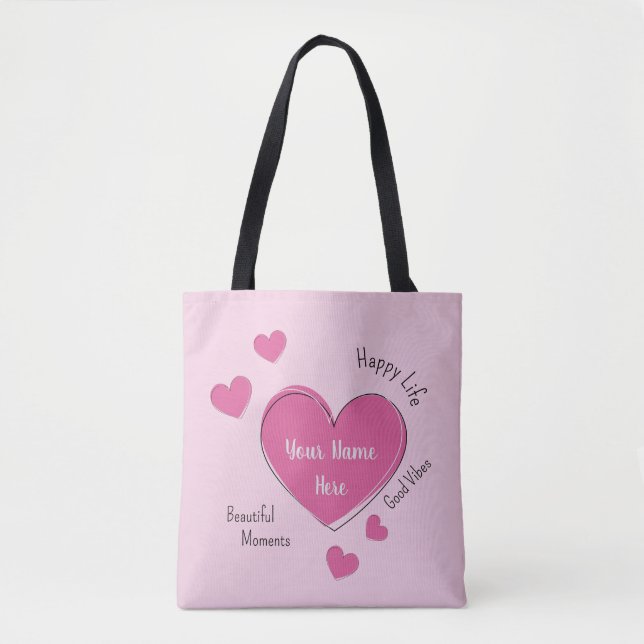 Personalized Pink Hearts Tote Bag (Frente)