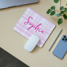 Personalized Pink Plaid Mouse Pad with Name 
