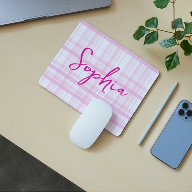 Personalized Pink Plaid Mouse Pad with Name  (Criador carregado)