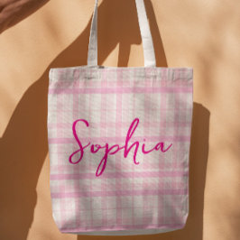 Personalized Pink Plaid Name Tote Bag