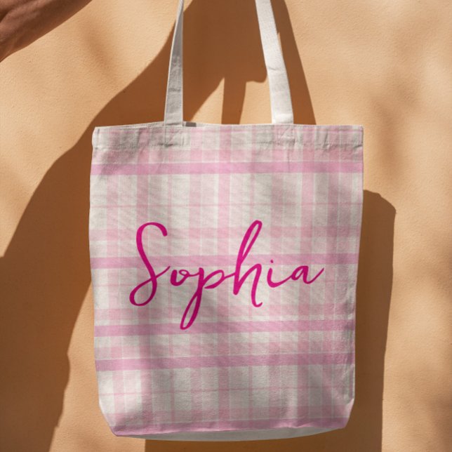 Personalized Pink Plaid Name Tote Bag (Criador carregado)