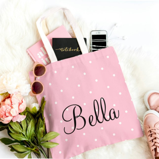  Personalized Pink Polka Dot Tote Bag (Criador carregado)