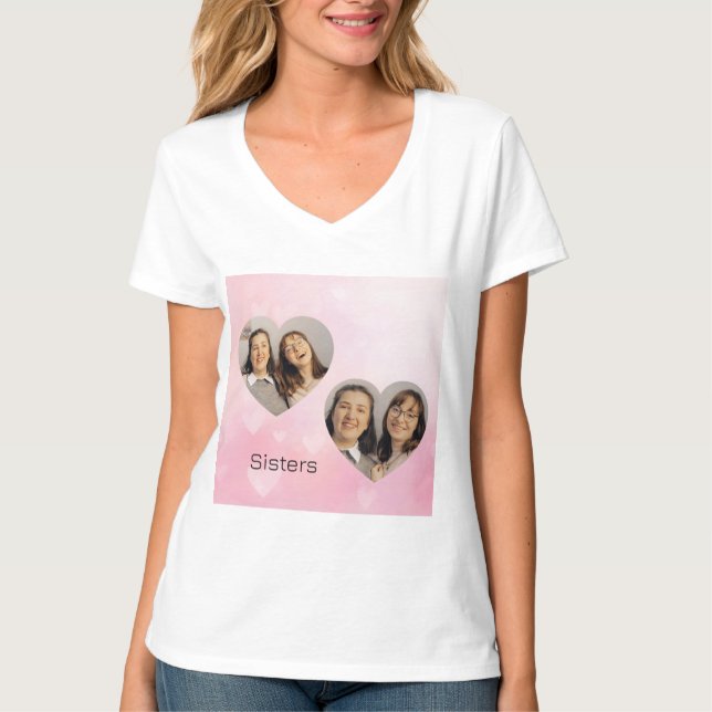 Personalized Sisters Heart-Shaped Photo T-Shirt (Frente)