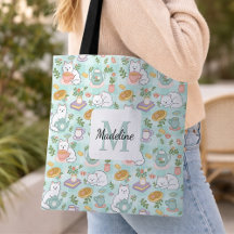 Personalized Tea Bookish Cats Tote Bag Mint Green