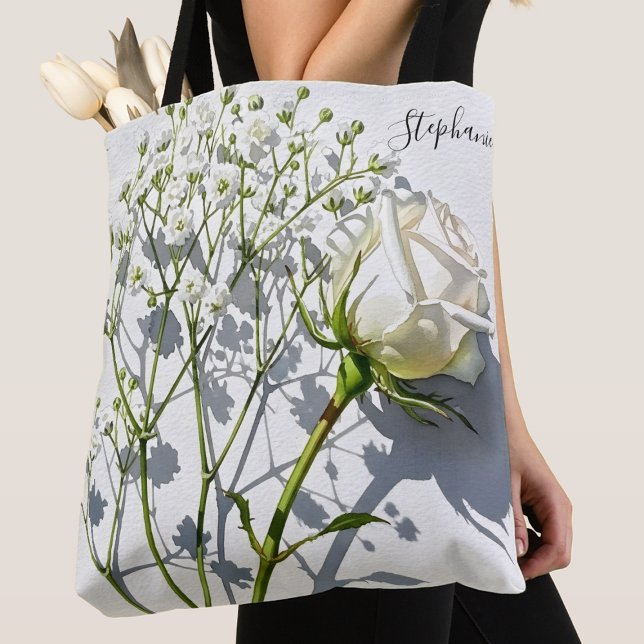 Personalized White Rose Floral Tote Bag (Criador carregado)